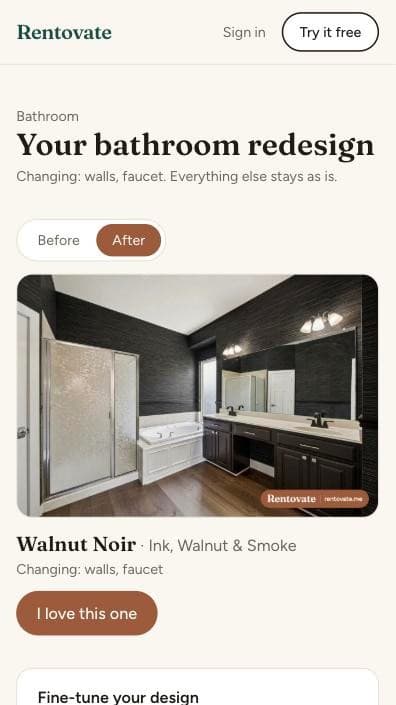The app showing the bathroom redesigned in the Walnut Noir style.