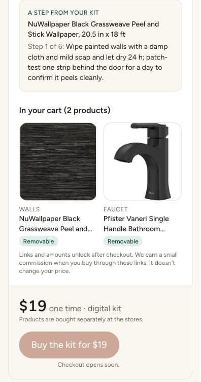 The app's kit: a real install step and the cart with each product's Removable label.