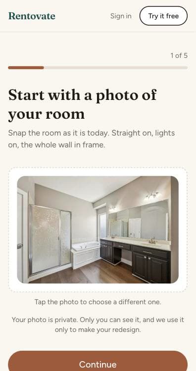 The app's photo step with a rental bathroom photo ready to upload.