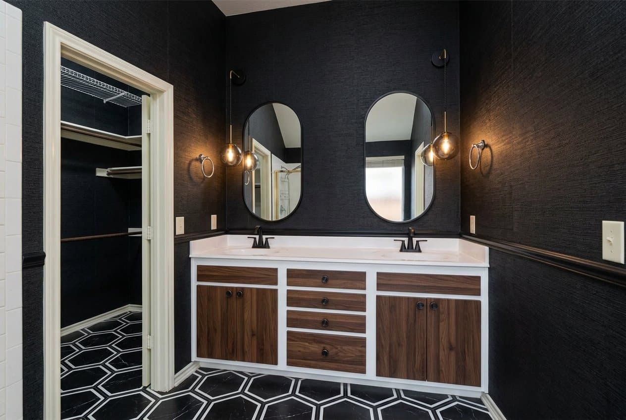 The same bathroom redesigned in the walnut noir style.