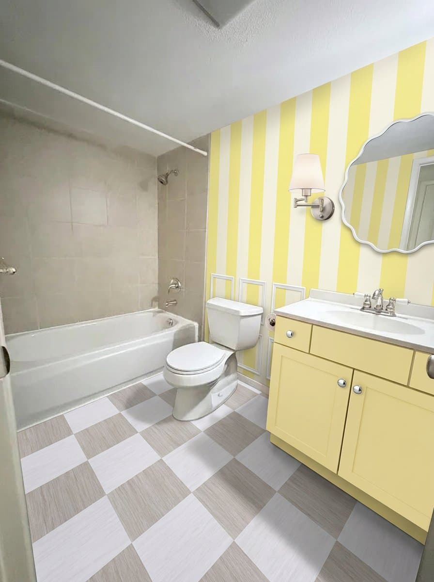 The same bathroom redesigned in the butter and chrome style.