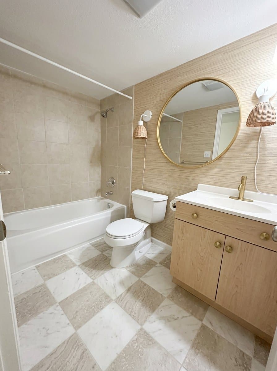 The same bathroom redesigned in the warm spa style.